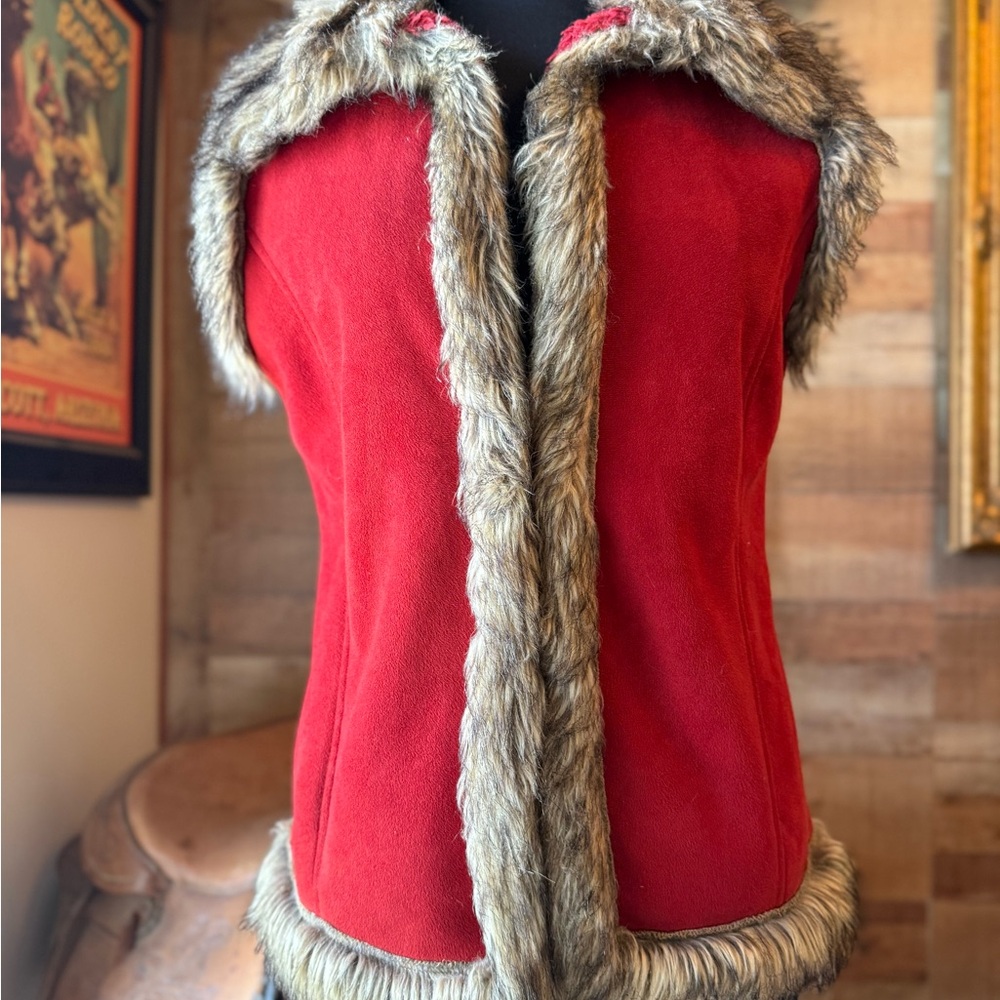 Women's Red Faux Fur Trim Vest